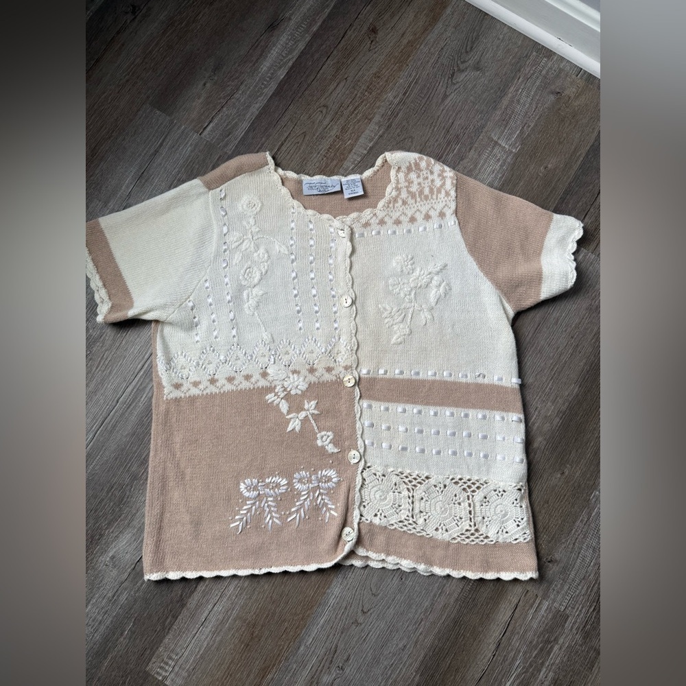 VTG BLAIR Cottage Core Pattern Beige White Retro Embroidered Cardigan Sweater XL